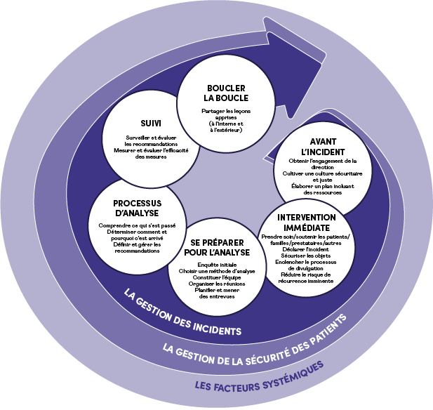Représentation visuelle de la trousse: Avant l'incident: Obtenir l'engagement de ka direction, Cultiver une culture sécuritaire et juste,  Élaborer un plan incluant des ressources. Intervention immédiate: Prendre soin/soutenir les patients/familles/prestataires/autres, Déclarer l'incident, Sécuriser les objets, Enclencher le processus de divulgation, Réduire le risque de récurrence imminente. Se préparer pour l'analyse: Enquête initiale, Choisir une méthode d'analyse, Constituer une équipe, organiser les réunions, Planifier et mener des entrevues. Processus d'analyse: Comprendre ce qui s'est passé, D.terminer comment et pourquoi c'est arrivé, Définir et gérer les recimmandations. Suivi: Surveiller et évaluer les recommentations, Mesurer et évaluer l'efficacité des mesures. Boucler la boucle: Partager les leçons apprises (à l'interne et à l'exterieur). La gestion des incident - La gestion de la sécurité des patients - Les facteurs systémiques.