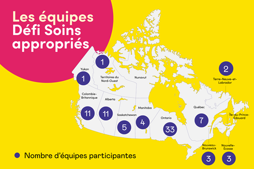 Carte du Canada situant à l'aide de cercles violets les équipes invitées à rejoindre Défi Soins appropriés. Texte : Les équipes Défi Soins appropriés. Nombre d'équipes participantes.