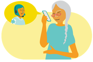 Illustration représentant une personne souriante munie d’un téléphone qui participe à une visioconférence avec un prestataire de soins.