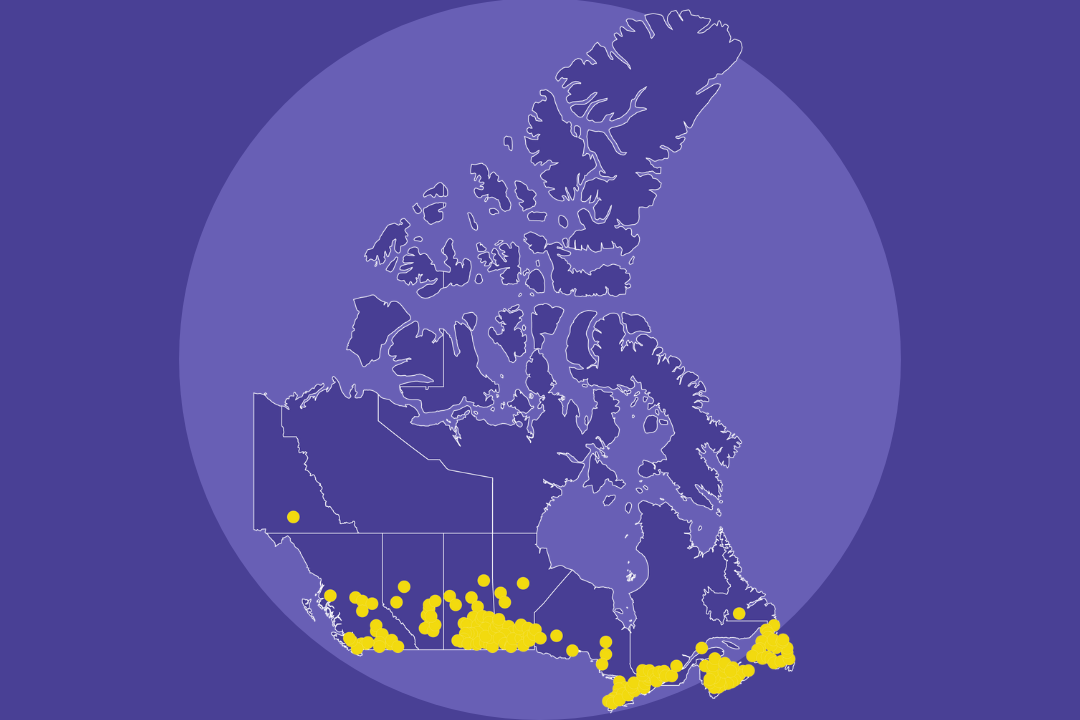 Carte du Canada situant à l'aide de cercles jaunes les équipes invitées à rejoindre Cap Santé.