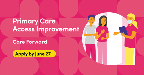 Illustration featuring three people; two standing together on the left, while a healthcare provider on the right holds a clipboard and talks to them. Text says: Primary Care Access Improvement. Care Forward. Apply by June 27.