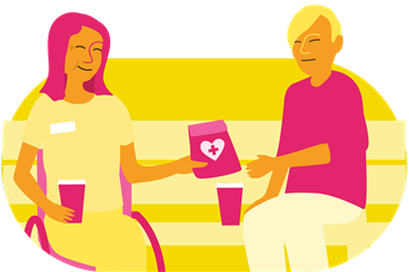 Illustration représentant une personne souriante avec un badge sur sa chemise, assise dans un fauteuil roulant et tenant un gobelet dans une main. Son autre main tend un paquet avec un cœur et une croix médicale à une autre personne assise sur un banc, une tasse à ses côtés, et qui tend la main vers le paquet.