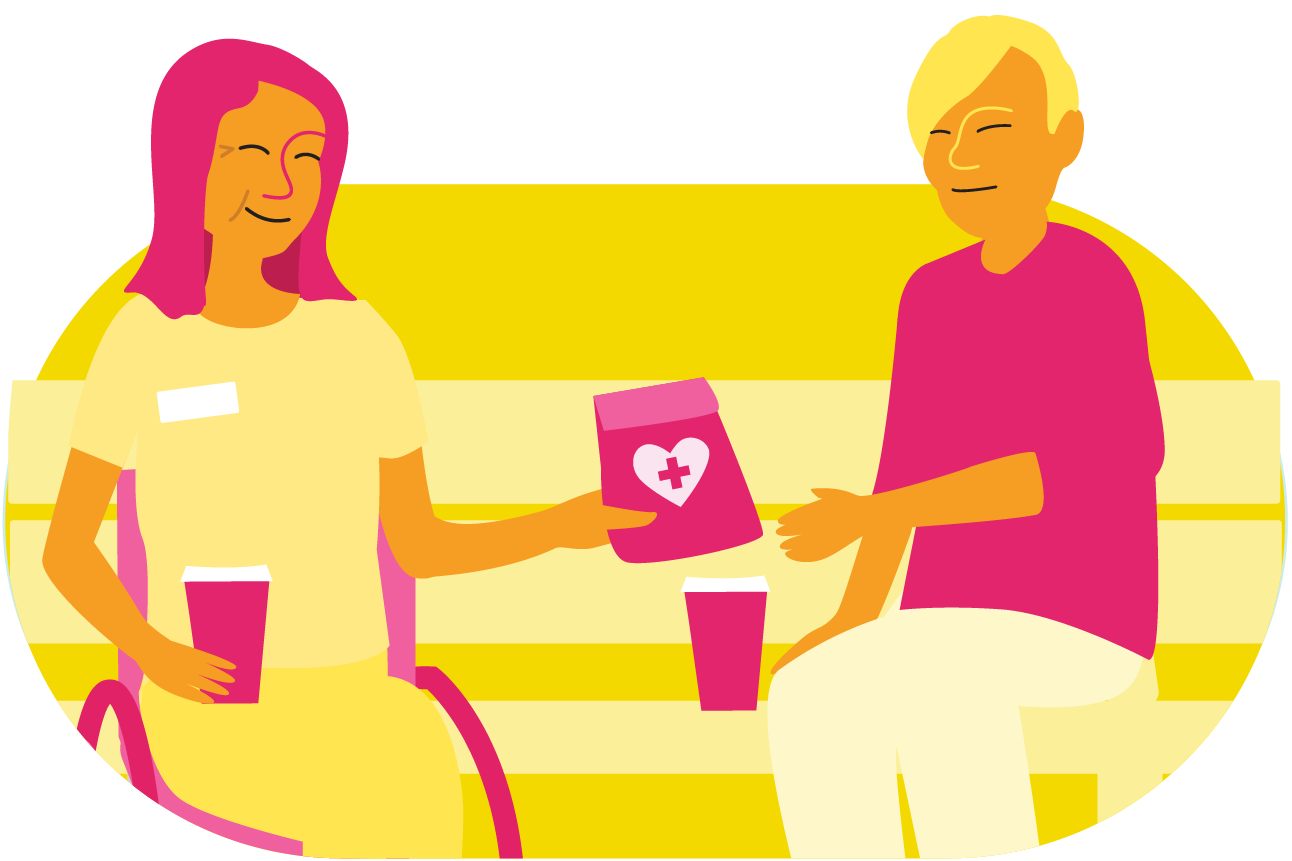 Illustration représentant une personne souriante avec un badge sur sa chemise, assise dans un fauteuil roulant et tenant un gobelet dans une main. Son autre main tend un paquet avec un cœur et une croix médicale à une autre personne assise sur un banc, une tasse à ses côtés, et qui tend la main vers le paquet.