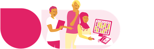 An illustration of three individuals: one individual is standing and holding a tablet in one hand and pointing toward a schedule on a computer monitor with the other, a second individual is standing and looking at the schedule on the computer monitor computer and the third individual with a stethoscope around their neck is seated in front of the schedule on the computer monitor and has a computer mouse in their hand.
