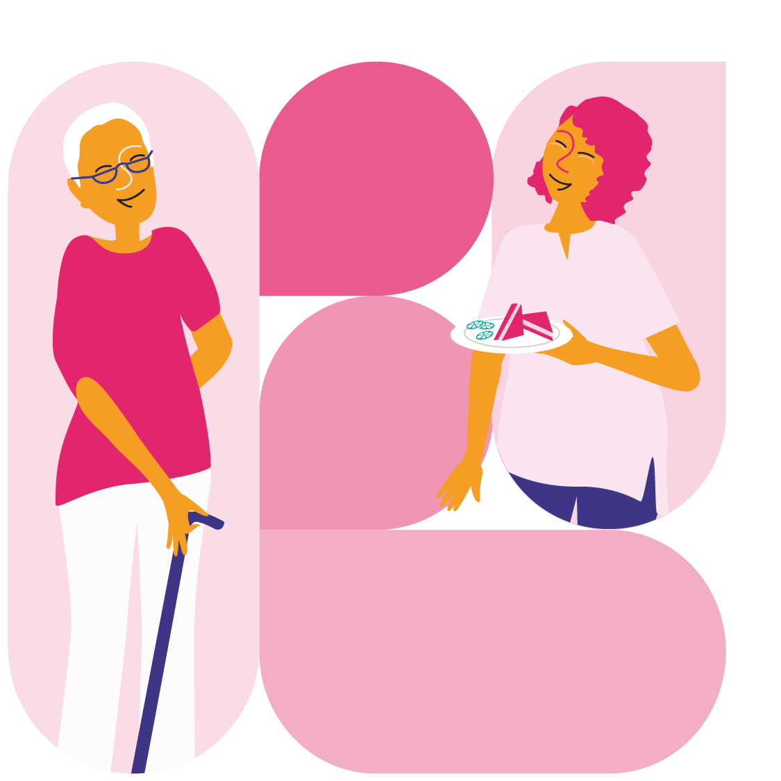 Illustration of a standing individual holding a cane in one hand facing an individual holding a plate of food in one hand.
