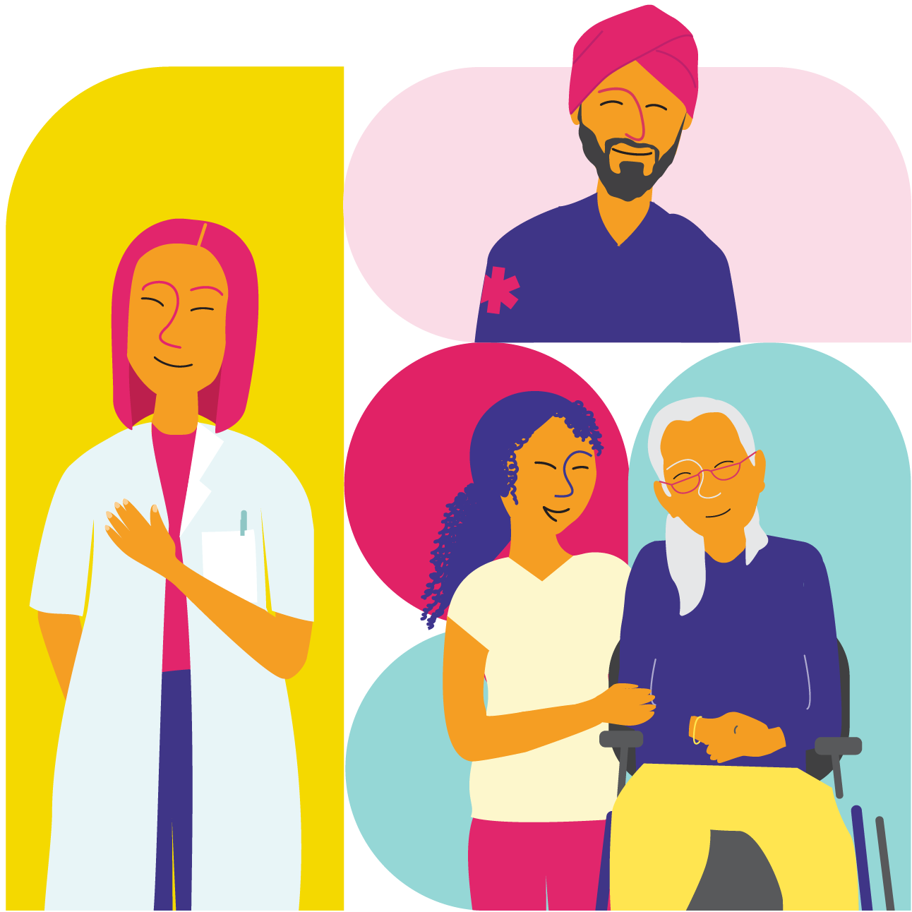 Illustrations featuring various healthcare providers (one wearing a lab coat, another wearing a paramedic uniform and a third caring for a patient).