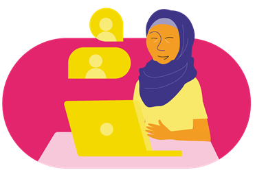 Illustration représentant une personne assise devant un ordinateur. Deux bulles dans lesquelles se trouvent une silhouette symbolisent le dialogue ou l’échange d’idées.