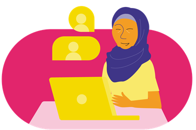Illustration of a person sitting at a computer with an individual in two separate speech bubbles representing a dialogue or exchange of ideas.