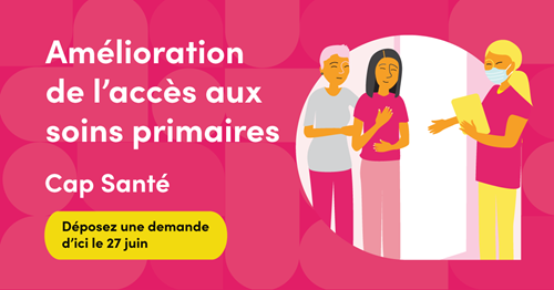 Texte de remplacement : Illustration représentant trois personnes. Une prestataire de soins portant un masque et munie d’une tablette se tient dans l’embrasure d’une porte. Elle fait face à deux personnes : la première a la main sur le bras de l’autre, et la seconde a la main sur le cœur en signe de gratitude. Le texte dit : Amélioration de l’accès aux soins primaires. Cap Santé. Déposez une demande d'ici le 27 juin.