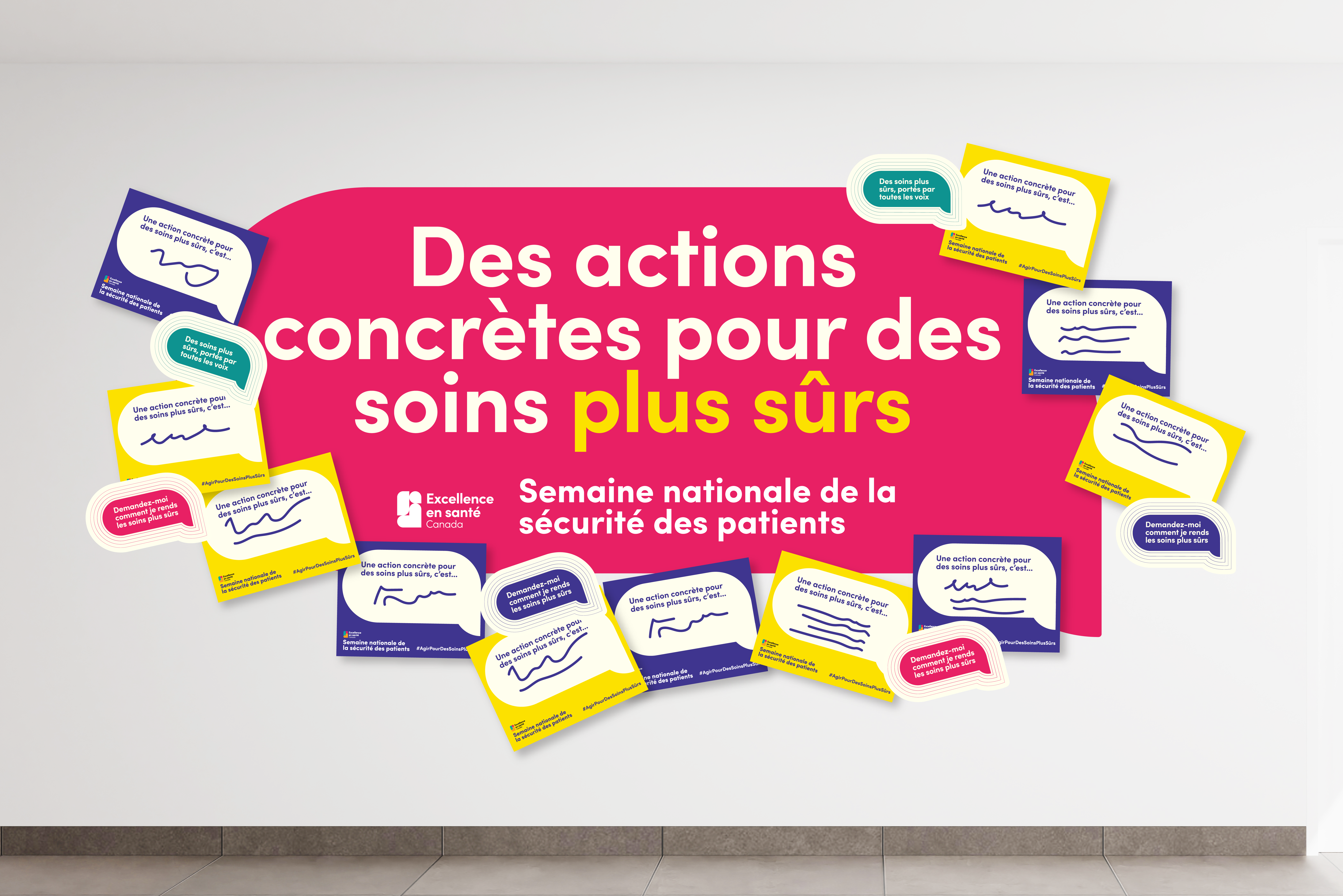 Bannière sur laquelle figure le texte « Des actions concrètes pour la sécurité des soins » entouré de notes autocollantes de différentes couleurs. On y lit « Des actions concrètes pour des soins plus sûrs, c’est... », « Demandez-moi comment je rends les soins plus sûrs », et « Des soins plus sûrs, portés par toutes les voix ». Semaine nationale de la sécurité des patients.