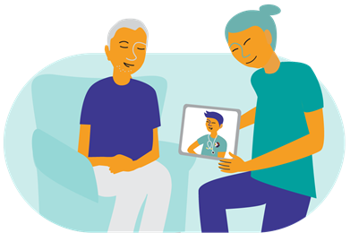 Illustration représentant un prestataire de soins agenouillé qui montre une tablette à une personne assise dans un fauteuil. La tablette est utilisée pour une consultation virtuelle avec un autre prestataire de soins de santé.