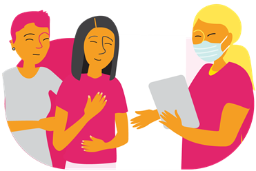 Illustration représentant trois personnes; deux d’entre elles se tiennent côte à côte sur la gauche, et discutent avec une prestataire de soins de santé située sur leur droite et munie d’une planchette à pince.
