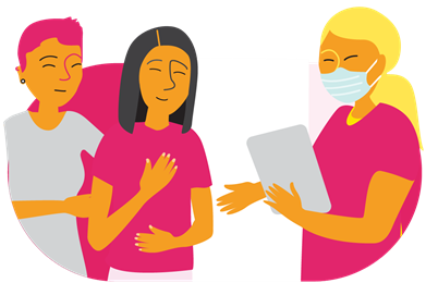 Illustration featuring three people; two standing together on the left, while a healthcare provider on the right holds a clipboard and talks to them.