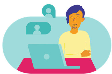 Illustration d’une personne souriante assise à un bureau devant un ordinateur.