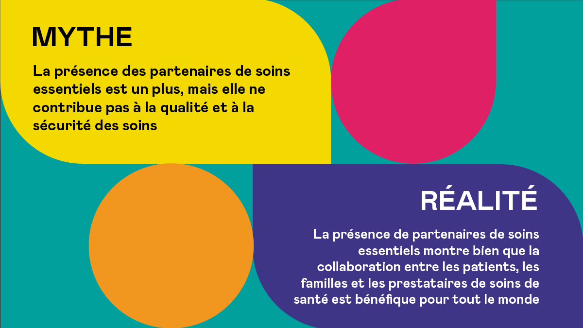 MYTHE   La présence des partenaires de soins essentiels est un plus, mais elle ne contribue pas à la qualité et à la sécurité des soins.   RÉALITÉ   La présence de partenaires de soins essentiels montre bien que la collaboration entre les patients, les familles et les prestataires de soins de santé est bénéfique pour tout le monde.