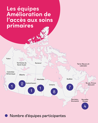 Carte du Canada sur laquelle des bulles violettes indiquent le nombre d’équipes participantes par province ou territoire. Les bulles les plus grandes se situent en Ontario, au Québec et en Nouvelle-Écosse.