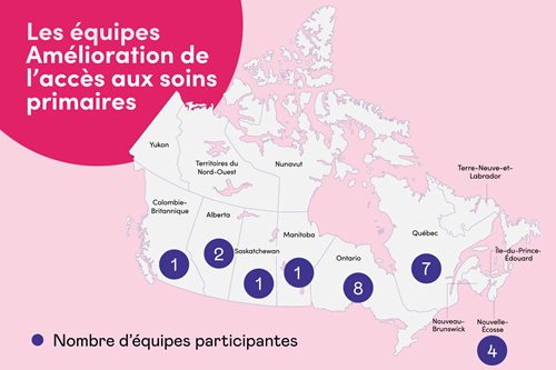 Carte du Canada sur laquelle des bulles violettes indiquent le nombre d’équipes participantes par province ou territoire. Les bulles les plus grandes se situent en Ontario, au Québec et en Nouvelle-Écosse.