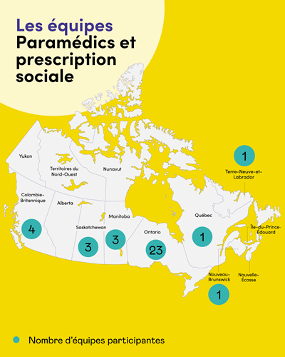 Carte du Canada situant à l'aide de cercles verts les équipes invitées à rejoindre Paramédics et prescription sociale. Texte : Les équipes Paramédics et prescription sociale. Nombre d'équipes participantes.