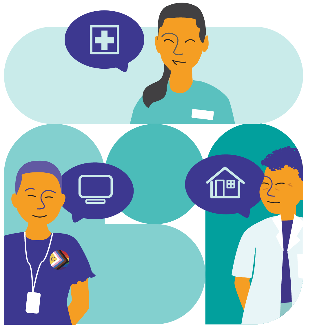 Illustration représentant trois prestataires de soins. À côté de leurs visages figurent des bulles : la première contient une croix médicale, la seconde un écran d’ordinateur et la troisième une maison.
