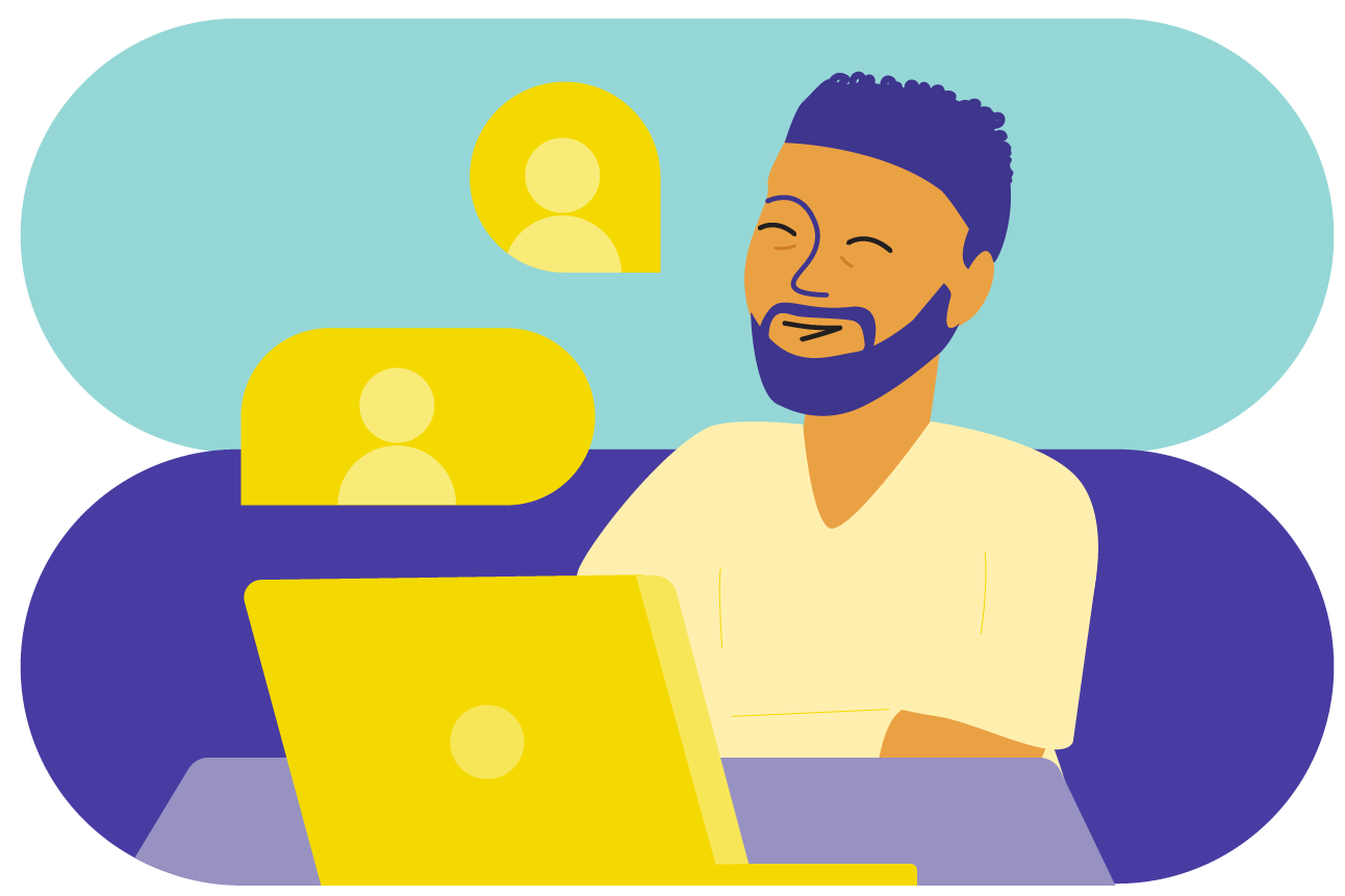 Illustration of a person sitting at a computer with an individual in two separate speech bubbles representing a dialogue or exchange of ideas.