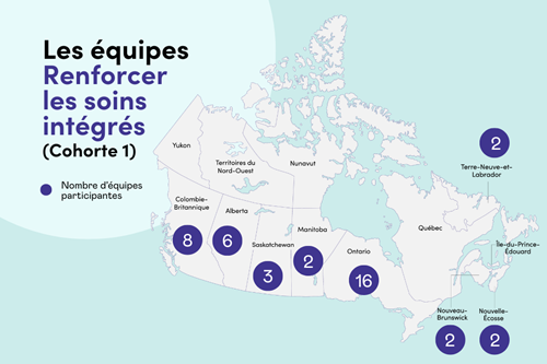 Carte du Canada situant à l'aide de cercles violets les équipes invitées à rejoindre Renforcer les soins intégrés (Cohorte 1). Texte : Renforcer les soins intégrés (Cohorte 1). Nombre d'équipes participantes.