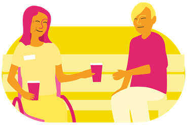 Illustration représentant une personne souriante avec un badge sur sa chemise, assise dans un fauteuil roulant et tenant un gobelet dans une main. Son autre main tend un paquet avec un cœur et une croix médicale à une autre personne assise sur un banc, une tasse à ses côtés, et qui tend la main vers le paquet.