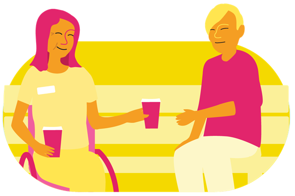 Illustration of a smiling individual with a nametag on their shirt sitting in a wheelchair holding a drinking cup in one hand while the other hand hands over a package with a heart and medical cross on it to another individual who is reaching for the package while sitting beside a drinking cup on a bench.  