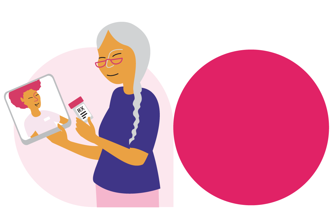 Illustration of an individual holding a medication bottle in one hand and a tablet in the other hand, on a virtual healthcare call with a healthcare provider.