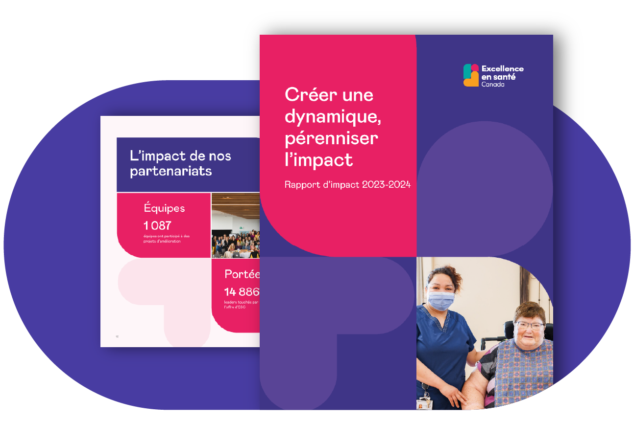 Illustration de la couverture du rapport d’impact 2023–2024 d’Excellence en santé Canada, montrant une professionnelle de la santé masquée aux côtés d’une personne en fauteuil roulant. En arrière-plan, une double page présentant des données sur les partenariats.