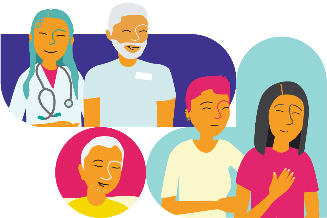 Illustration représentant cinq personnes : deux prestataires de soins de santé, deux patients et un proche aidant.