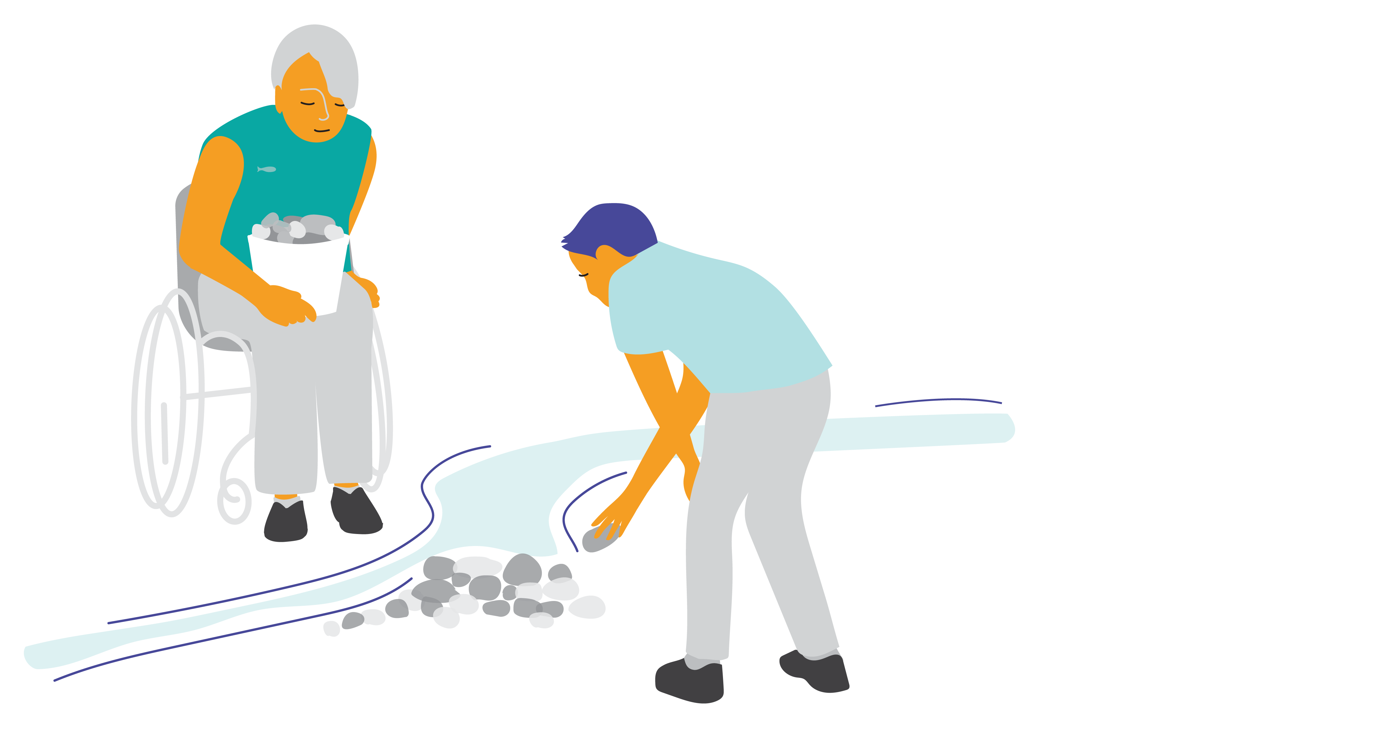 Illustration de deux personnes de part et d’autre d’un ruisseau, qui assemblent des pierres pour dévier le cours d’eau.