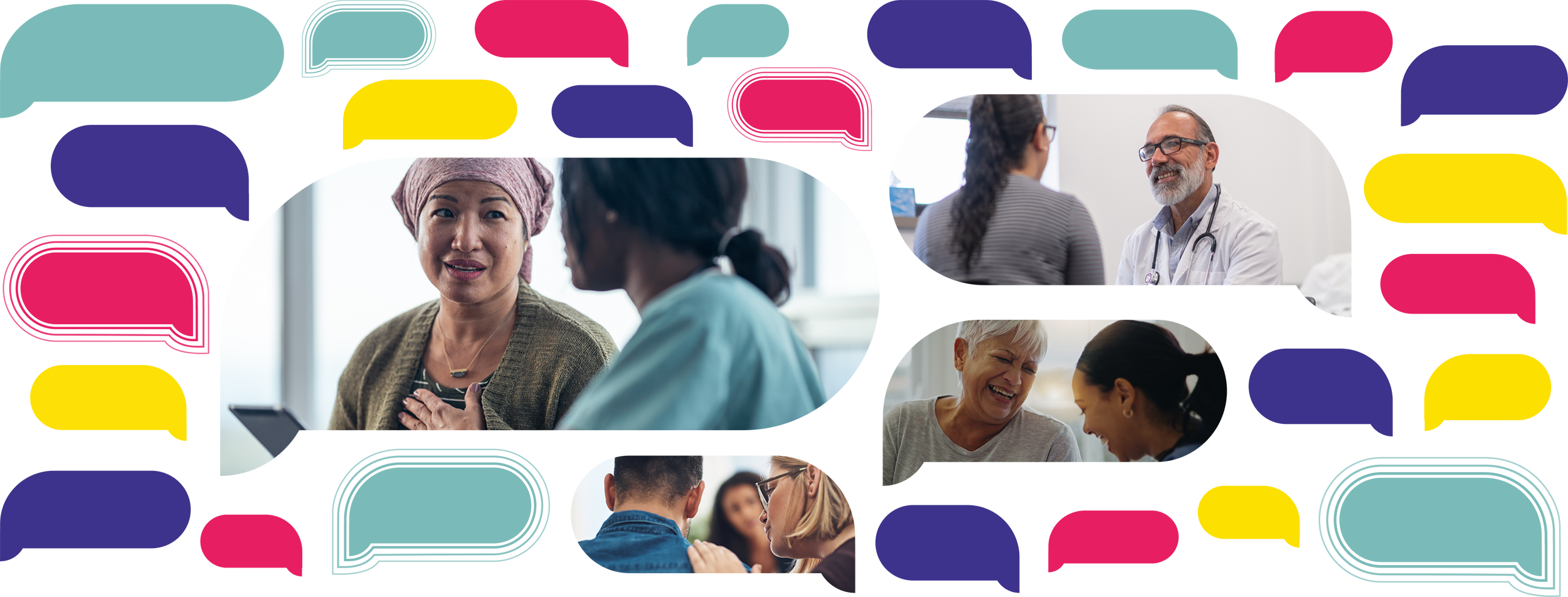 Photos de prestataires de soins et de patients et patientes en pleine discussion. Les photos apparaissent sur un arrière-plan composé de bulles illustrées de différentes tailles et couleurs.