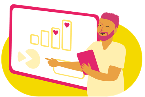 Illustration of an individual holding a tablet in one hand while standing and pointing to content on a whiteboard.