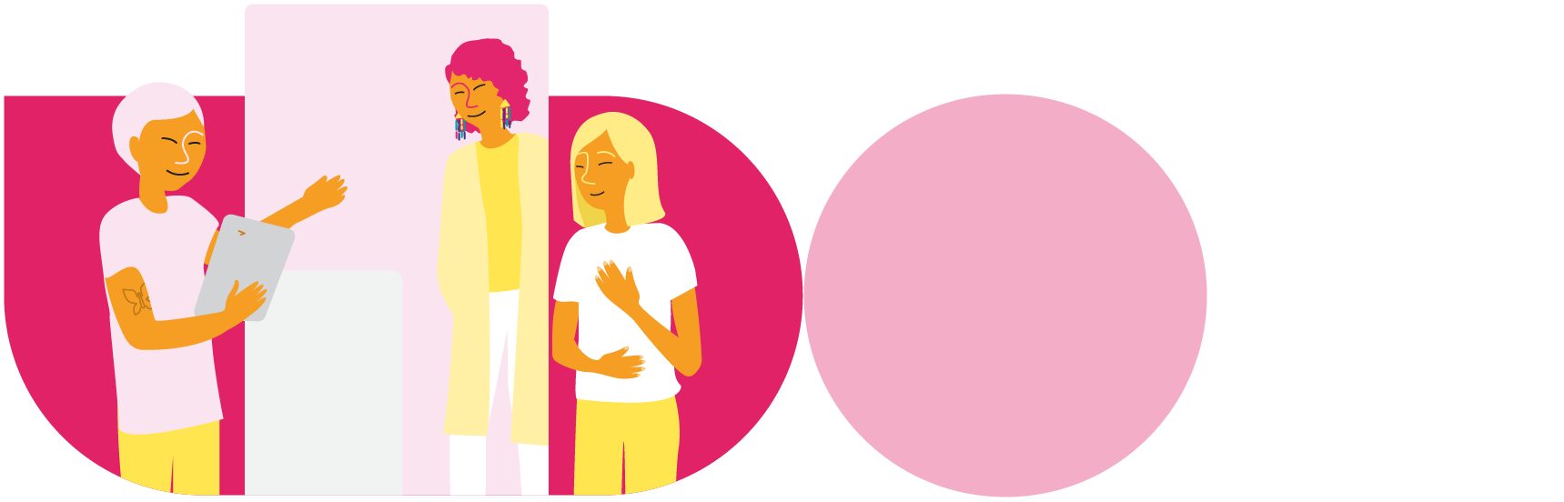 Illustration représentant trois personnes. La première tient une tablette en direction d’une seconde personne placée devant un grand écran, tandis que la troisième a la main sur le cœur en signe de gratitude.