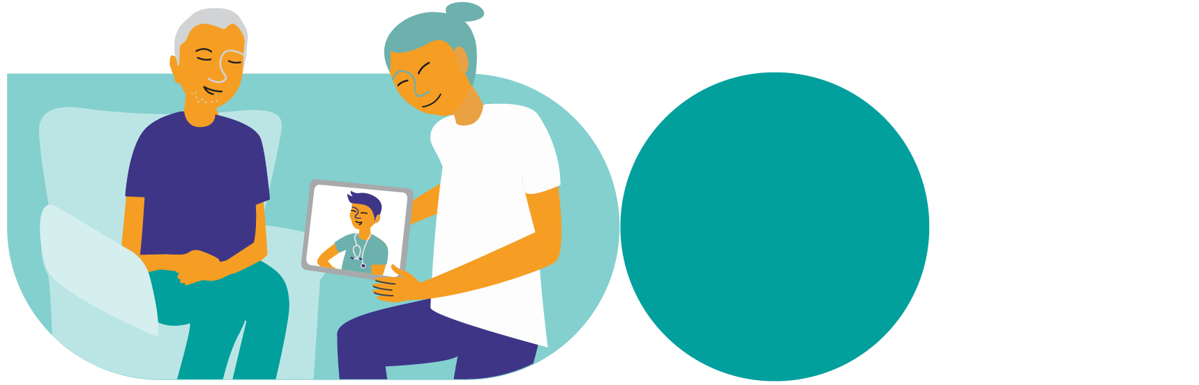 Illustration représentant un prestataire de soins agenouillé qui montre une tablette à une personne assise dans un fauteuil. La tablette est utilisée pour une consultation virtuelle avec un autre prestataire de soins de santé.