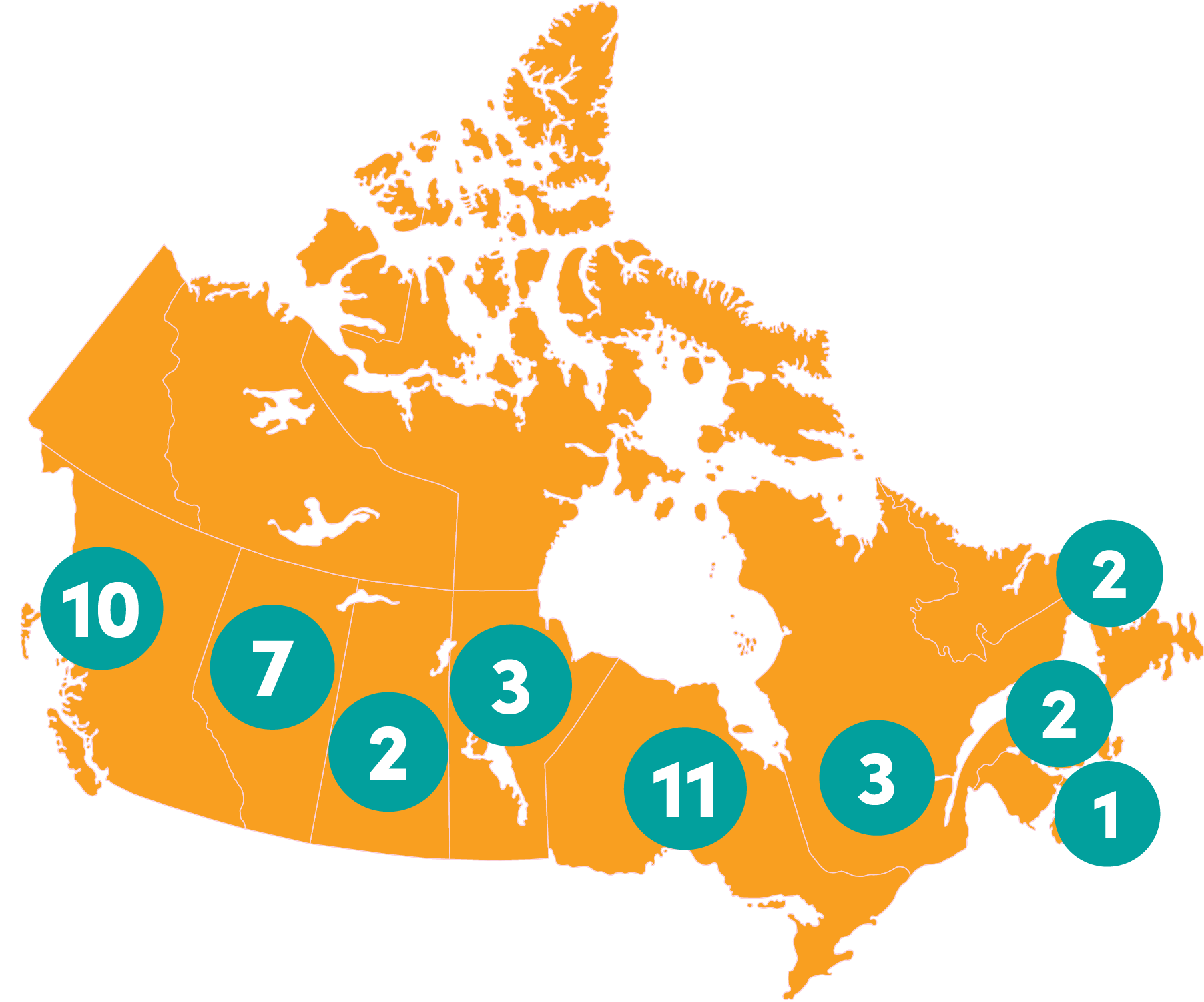 Map of Canada showing 10 teams in British Columbia, seven teams in Alberta, two teams in Saskatchewan, three teams in Manitoba, 11 teams in Ontario, three teams in Quebec, one team in Nova Scotia, two teams in Prince Edward Island and two teams in Newfoundland and Labrador.