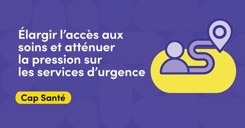 Illustration représentant l’icône d’une personne devant un chemin sinueux qui se termine par une épingle de position. Le texte dit : Élargir l’accès aux soins et atténuer la pression sur les services d’urgence. Cap Santé.