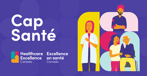 Illustrations représentant trois prestataires de soins de santé. La première porte une blouse de laboratoire, le second un uniforme de paramédic, et la troisième prend soin d’un patient. Le texte dit : Cap Santé. Logo d'Excellence en santé Canada.