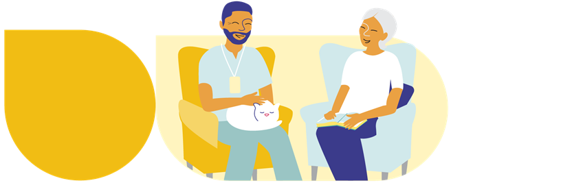 Illustration représentant deux personnes assises sur des fauteuils se faisant face; la première, un prestataire de soins, a un chat blanc sur les genoux, tandis que la seconde a un livre ouvert sur les genoux.