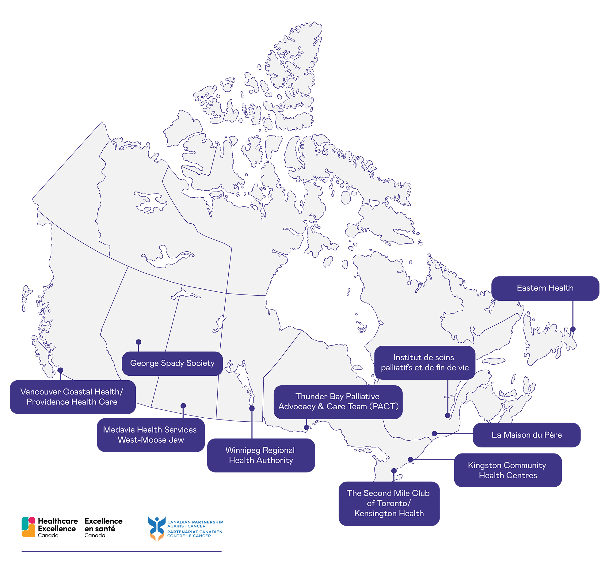 A map of Canada showing Vancouver Coastal Health/Providence Health Care in British Columbia; George Spady Society in Alberta; Medavie Health Services West-Moose Jaw in Saskatchewan; Winnipeg Regional Health Authority in Manitoba; NorWest Community Health Centres, The Second Mile Club of Toronto/Kensington Health and Kingston Community Health Centres in Ontario; Institut de soins palliatifs et de fin de vie and la Maison du Père in Quebec; and Eastern Health in Newfoundland and Labrador.