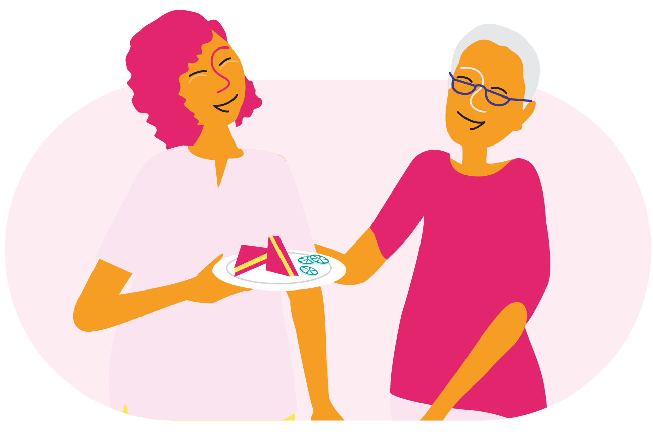 Illustration featuring two people standing next to each other; one is holding a plate with food.