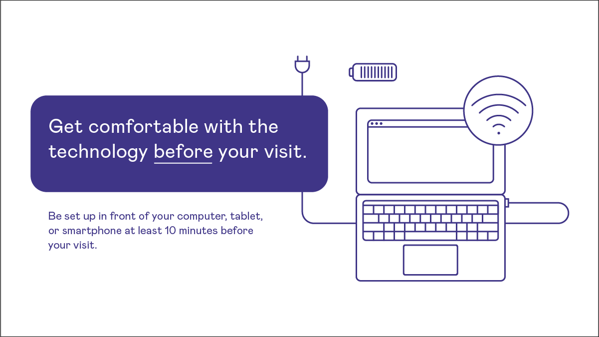 Get comfortable with the technology before your visit. Be set up in front of your computer, tablet, or smartphone at least 10 minutes before your visit.