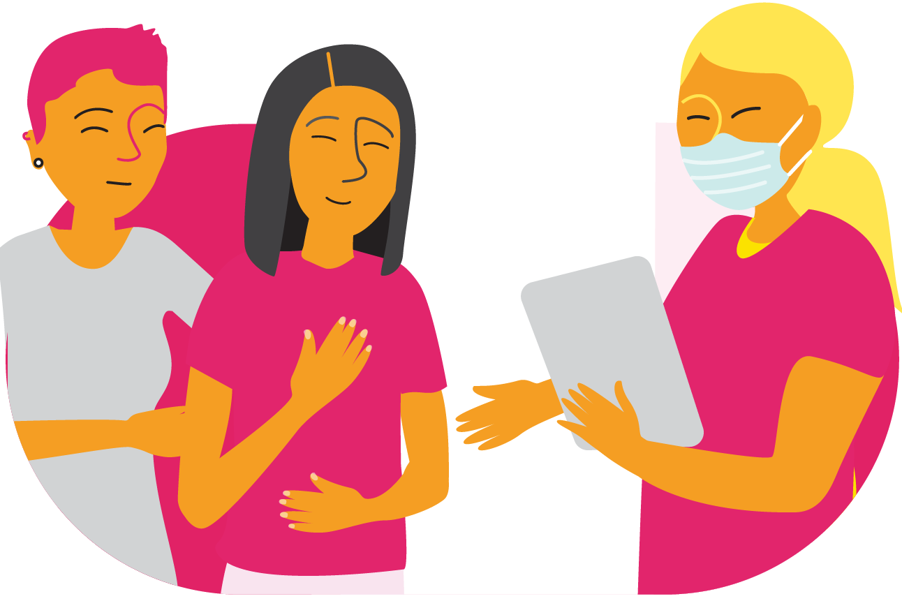Illustration featuring three people; two standing together on the left, while a healthcare provider on the right holds a clipboard and talks to them.