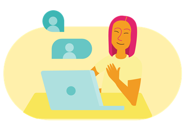 Illustration of a person smiling and sitting at a desk with a laptop, with icons of people floating above the screen indicating a webinar session.