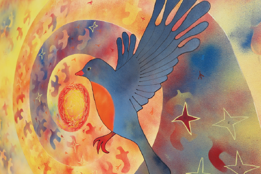Painting of a robin and robin's nest surrounded by a blue, yellow, and orange spiral.