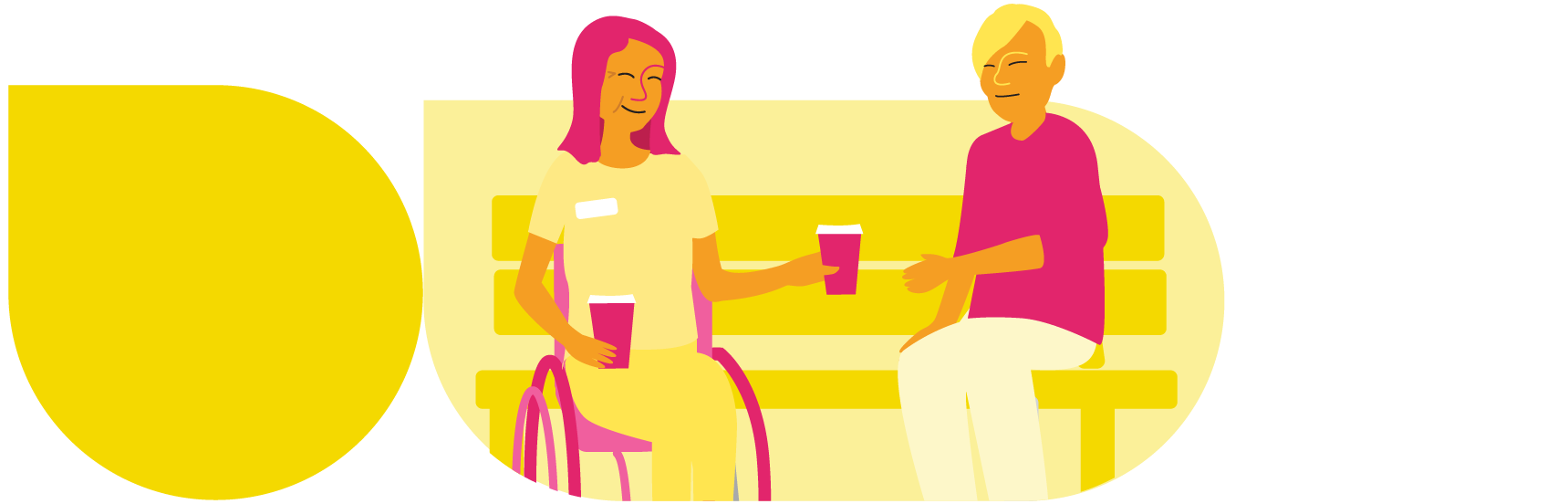 Illustration représentant une personne souriante avec un badge sur sa chemise, assise dans un fauteuil roulant et tenant un gobelet dans une main. Son autre main tend un paquet avec un cœur et une croix médicale à une autre personne assise sur un banc, une tasse à ses côtés, et qui tend la main vers le paquet.