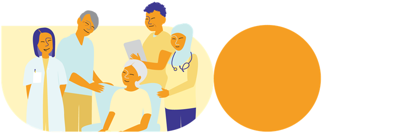 Illustration représentant quatre prestataires de soins debout autour d’une personne assise sur une chaise.