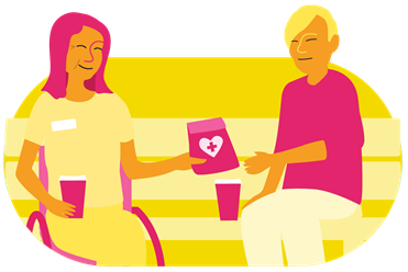 Illustration of a smiling individual with a nametag on their shirt sitting in a wheelchair holding a drinking cup in one hand while handing a coffee to another individual sitting on the park bench.