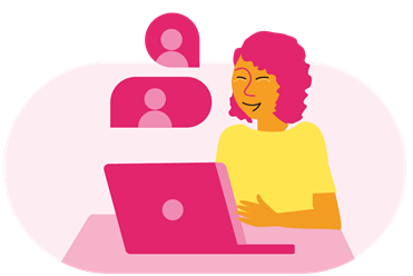 Illustration représentant une personne assise devant un ordinateur. Deux bulles dans lesquelles se trouvent une silhouette symbolisent le dialogue ou l’échange d’idées.