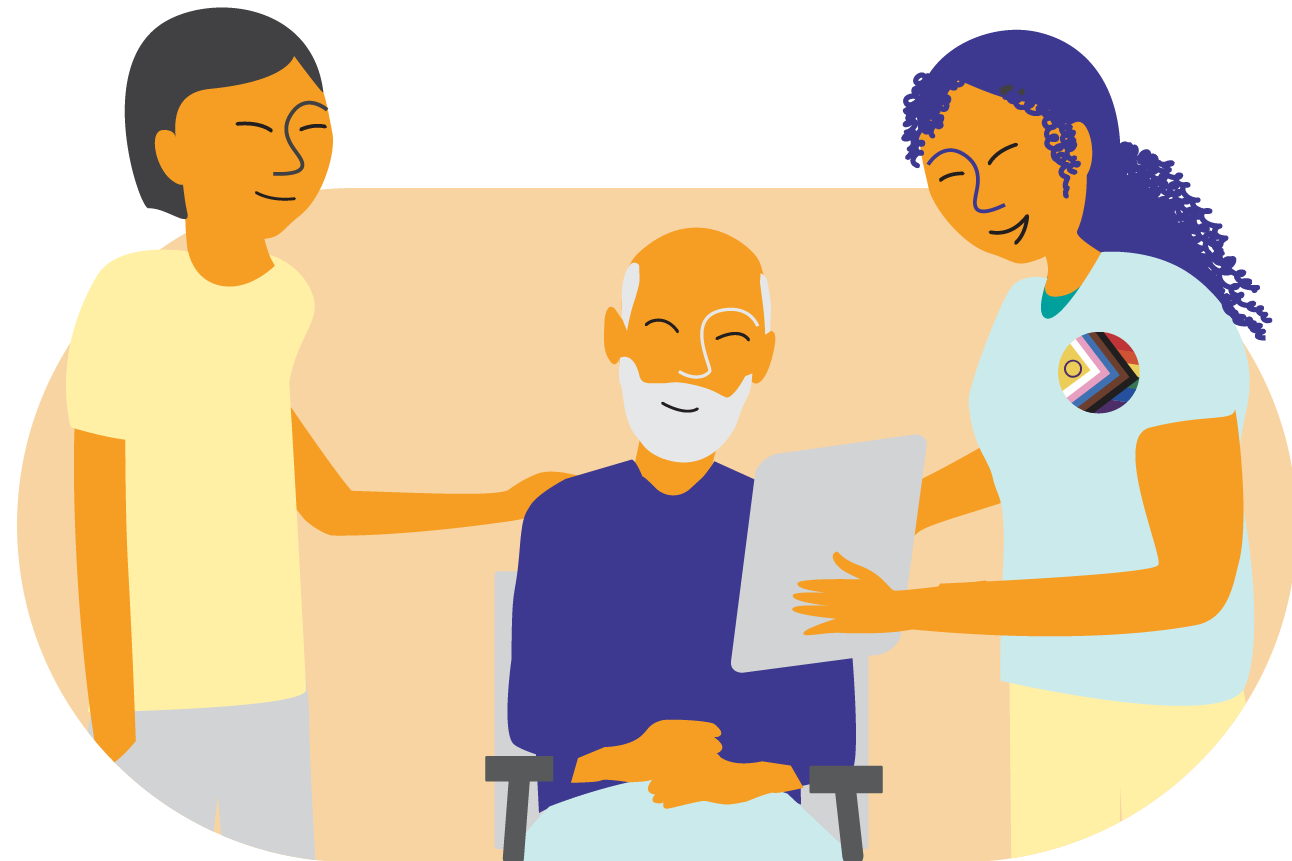 Illustration of three people; one sitting in a wheelchair, and the other two standing beside them. They are talking to each other. One of them is showing another individual something on the tablet.